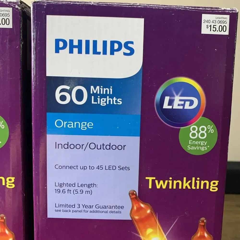 Philips 60 Orange Halloween Mini Lights 19.6 FT Twinkling Lot Of 2